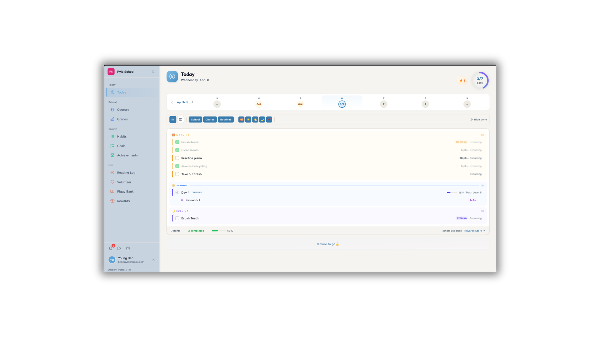 HomeschoolAce student portal showing today view with chores, lessons, and habits